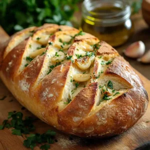 A whole sourdough garlic bread loaf fresh out of the oven, wrapped in parchment, with melted garlic butter and roasted garlic.