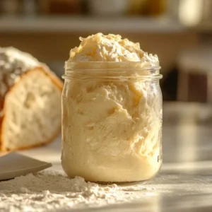 A jar of organic sourdough starter surrounded by whole wheat flour, water, and a wooden spoon on a rustic kitchen counter.