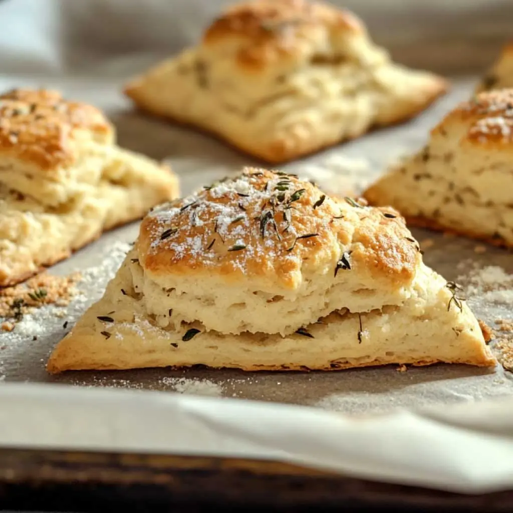 Freshly baked sourdough scones with golden, flaky layers, sprinkled with herbs and dusted with flour, resting on parchment paper.