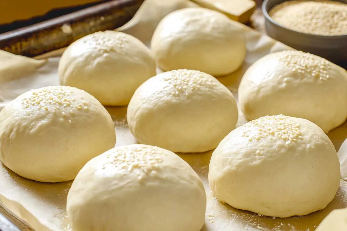 Shaping-Buns-Second-Rise Shaped sourdough discard dough balls on a baking sheet.