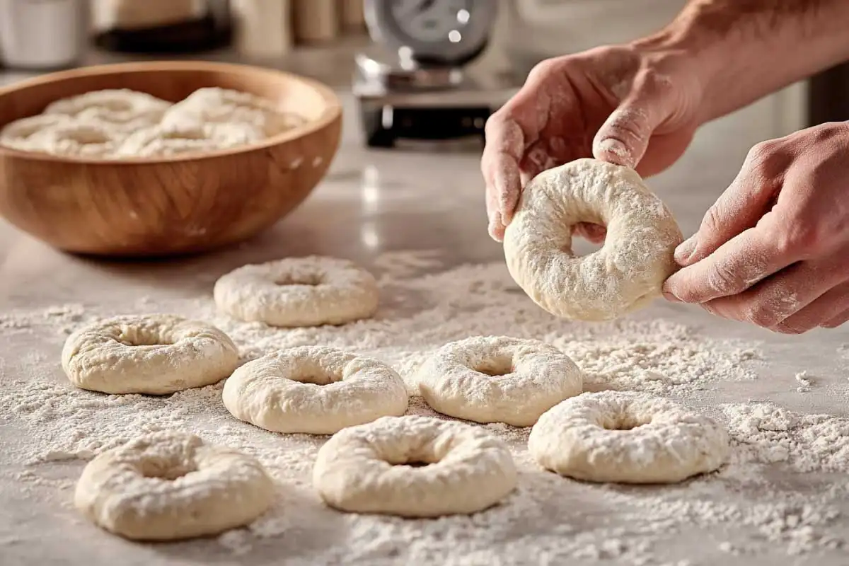 Shaping-Sourdough-Bagel-Dough Hands shaping sourdough bagel dough on a floured countertop.