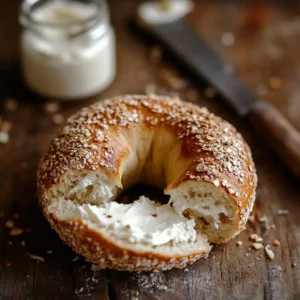 Home 16 Sliced sourdough bagel with cream cheese on a rustic wooden table.