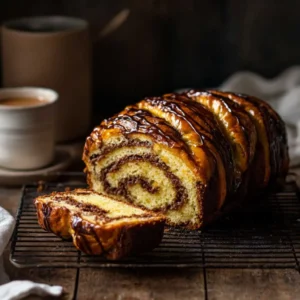 Home 12 Freshly baked sourdough babka with a glossy glaze and rich chocolate swirls.