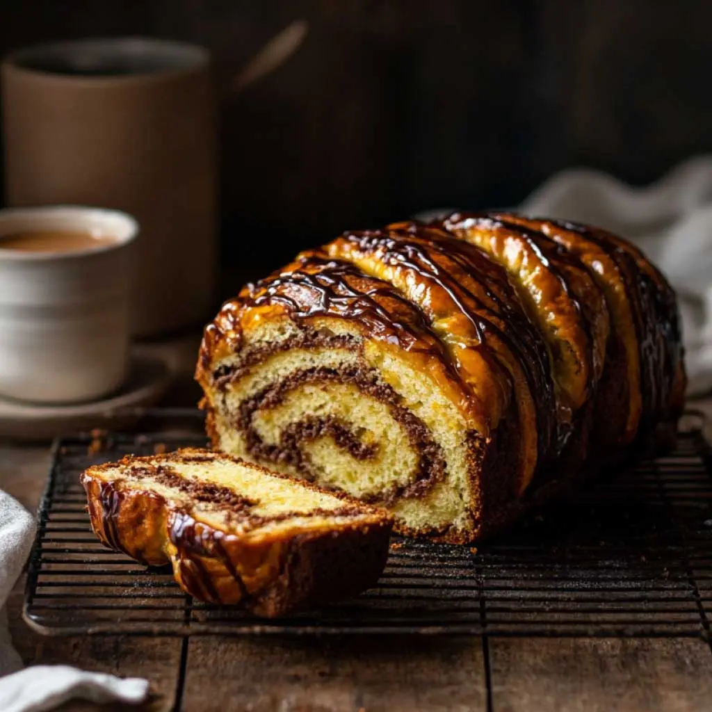 Freshly baked sourdough babka with a glossy glaze and rich chocolate swirls.