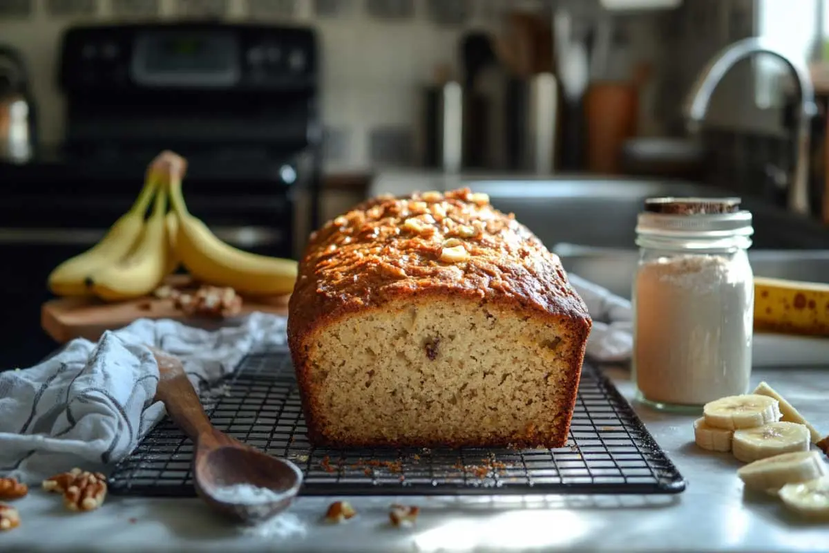 Freshly baked sourdough banana bread on a cooling rack with bananas and baking tools.