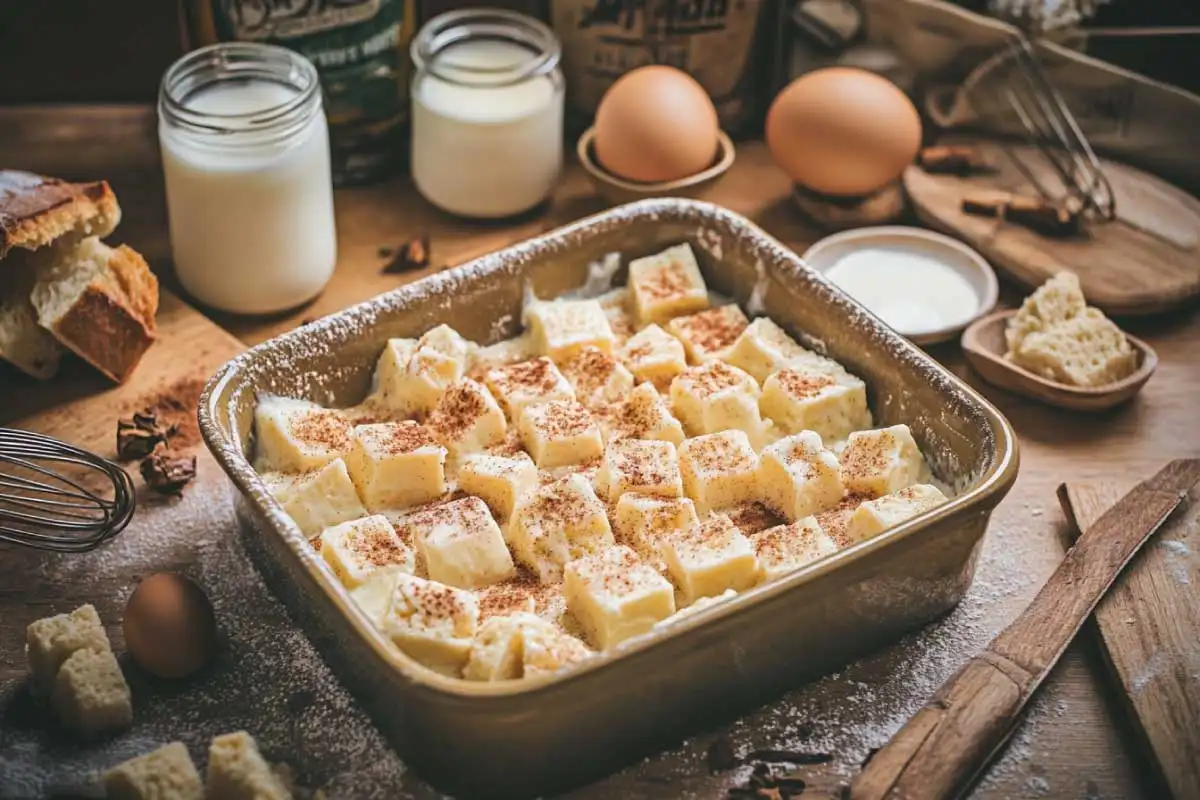 Cubed sourdough bread in a baking dish surrounded by ingredients like eggs, milk, and cinnamon for bread pudding.