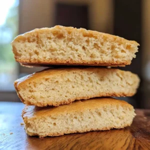 A close-up of three slices of sourdough cornbread stacked on a wooden surface, showing a soft, airy interior with a golden-brown crust.