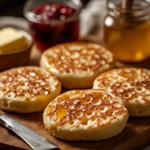 Golden sourdough crumpets on a white plate surrounded by butter, marmalade, and a cup of tea on a breakfast table.