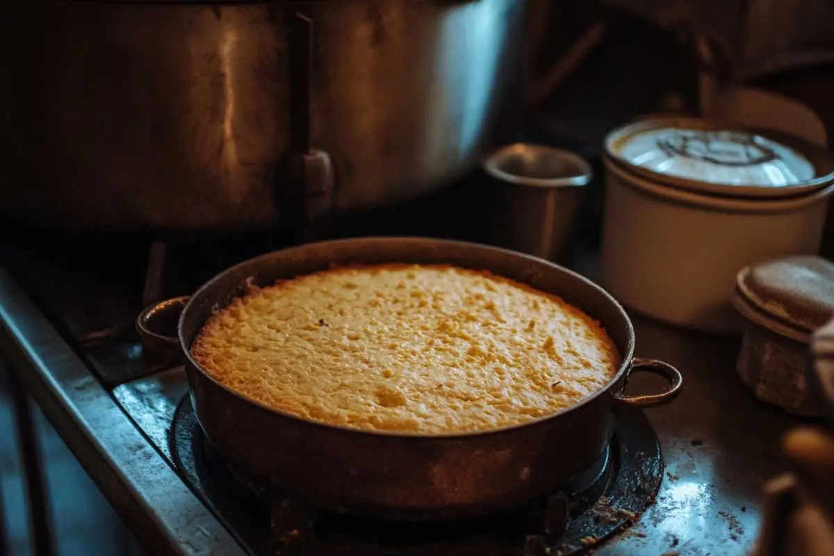  A freshly baked cornbread in a cast iron skillet on a stovetop, surrounded by kitchen cookware, with a warm and rustic kitchen ambiance.