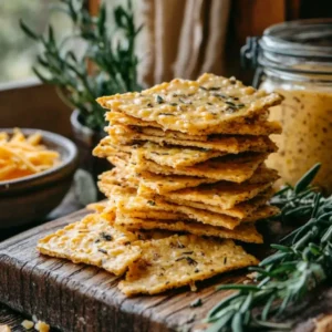 Freshly baked sourdough discard crackers on a vintage plate surrounded by cheese, sourdough discard, and rosemary.