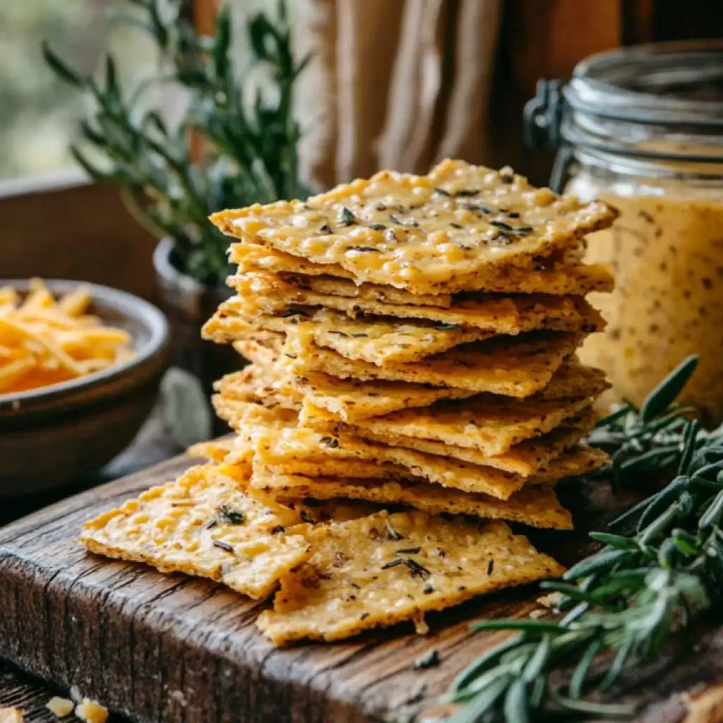 Freshly baked sourdough discard crackers on a vintage plate surrounded by cheese, sourdough discard, and rosemary.
