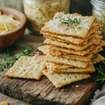 Freshly baked sourdough discard crackers with cheese on a wooden board, surrounded by ingredients like cheddar and sourdough discard.