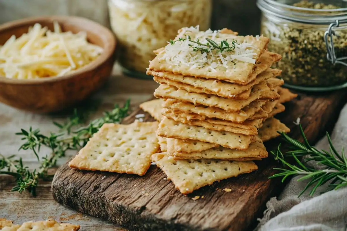 Freshly baked sourdough discard crackers with cheese on a wooden board, surrounded by ingredients like cheddar and sourdough discard.