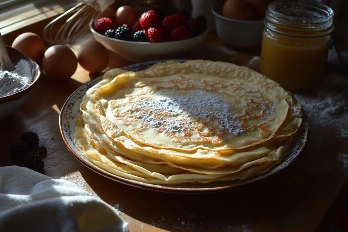 A stack of golden sourdough discard crepes with fresh berries and powdered sugar.