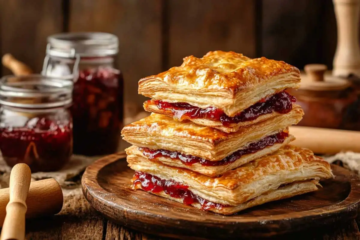 A golden stack of sourdough discard pop tarts with jam oozing from the edges, surrounded by fresh jam jars and a rustic kitchen setting.