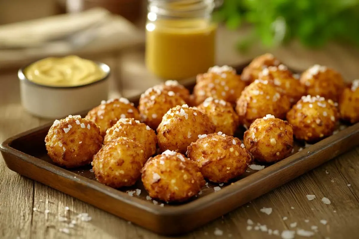 Freshly baked sourdough discard pretzel bites with dipping sauces.