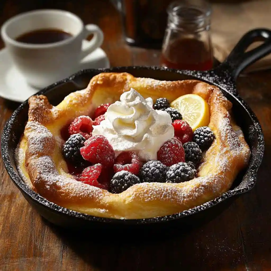 Freshly baked sourdough Dutch Baby with golden edges, topped with berries, powdered sugar, and maple syrup.