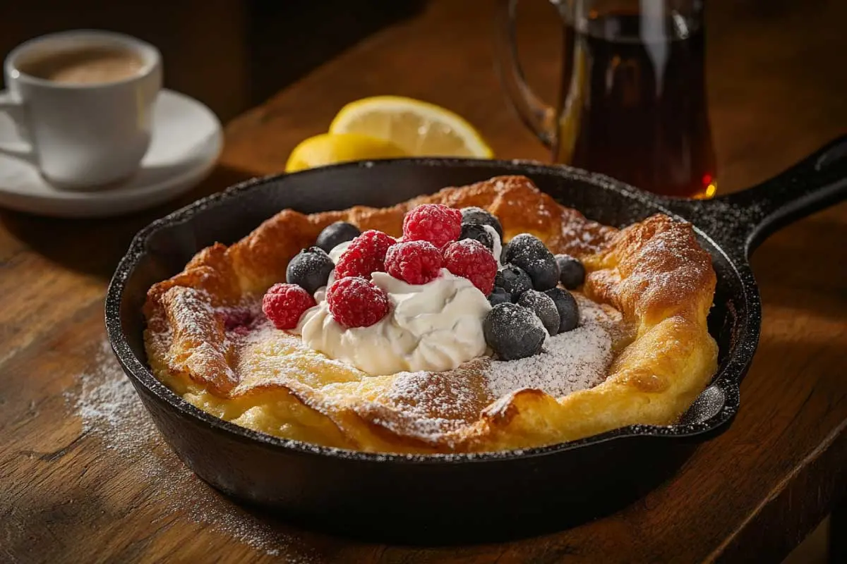 Golden-brown sourdough Dutch Baby with puffy edges, topped with fresh berries, whipped cream, and lemon juice, on a rustic wooden table.