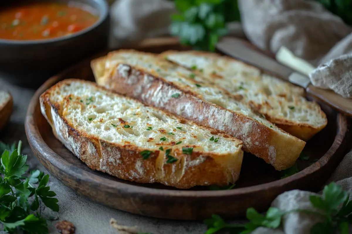 Sourdough-Garlic-Bread-Serving-Suggestion Slices of sourdough garlic bread with a crispy crust and buttery garlic filling, served with parsley and tomato soup.