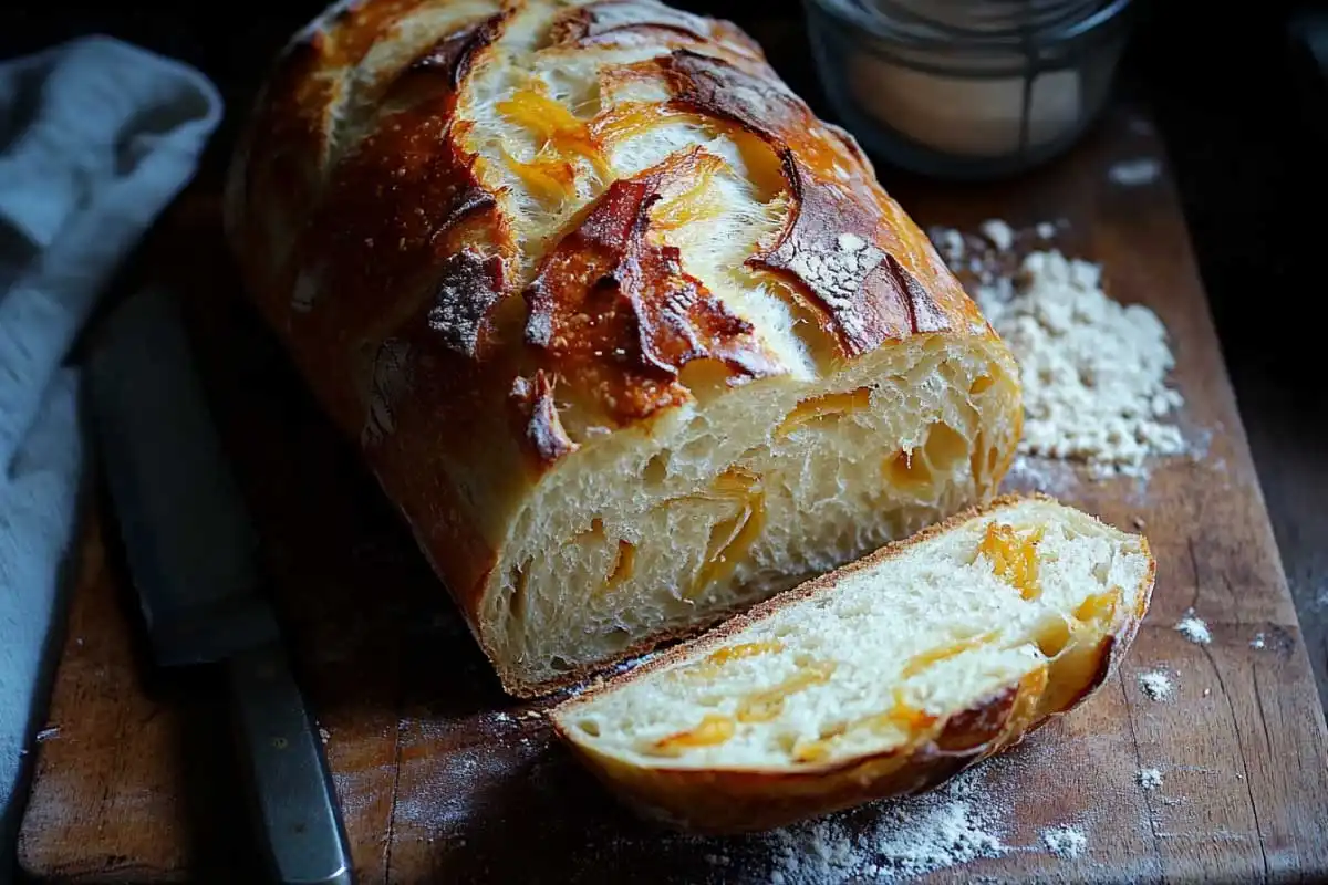 Freshly baked sourdough bread sliced to show its airy crumb and golden crust.