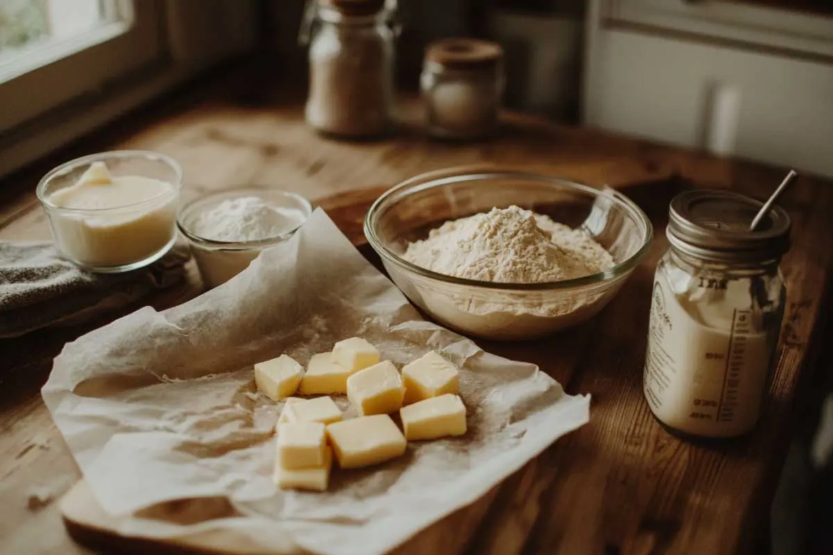 Ingredients for sourdough scones, including sourdough discard, cubed butter, flour, sugar, and heavy cream.