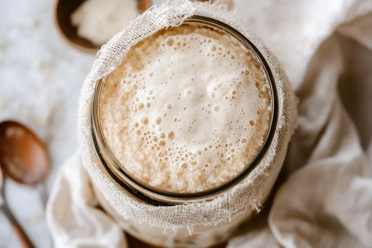 Sourdough starter in jar with bubbly fermentation.