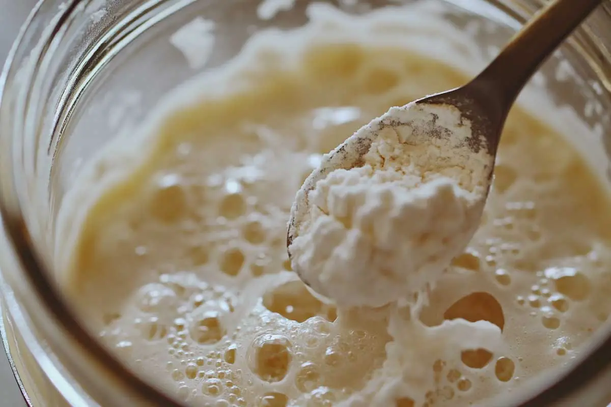 A jar of bubbly sourdough starter with flour being added, highlighting the importance of feeding your starter for successful bread.