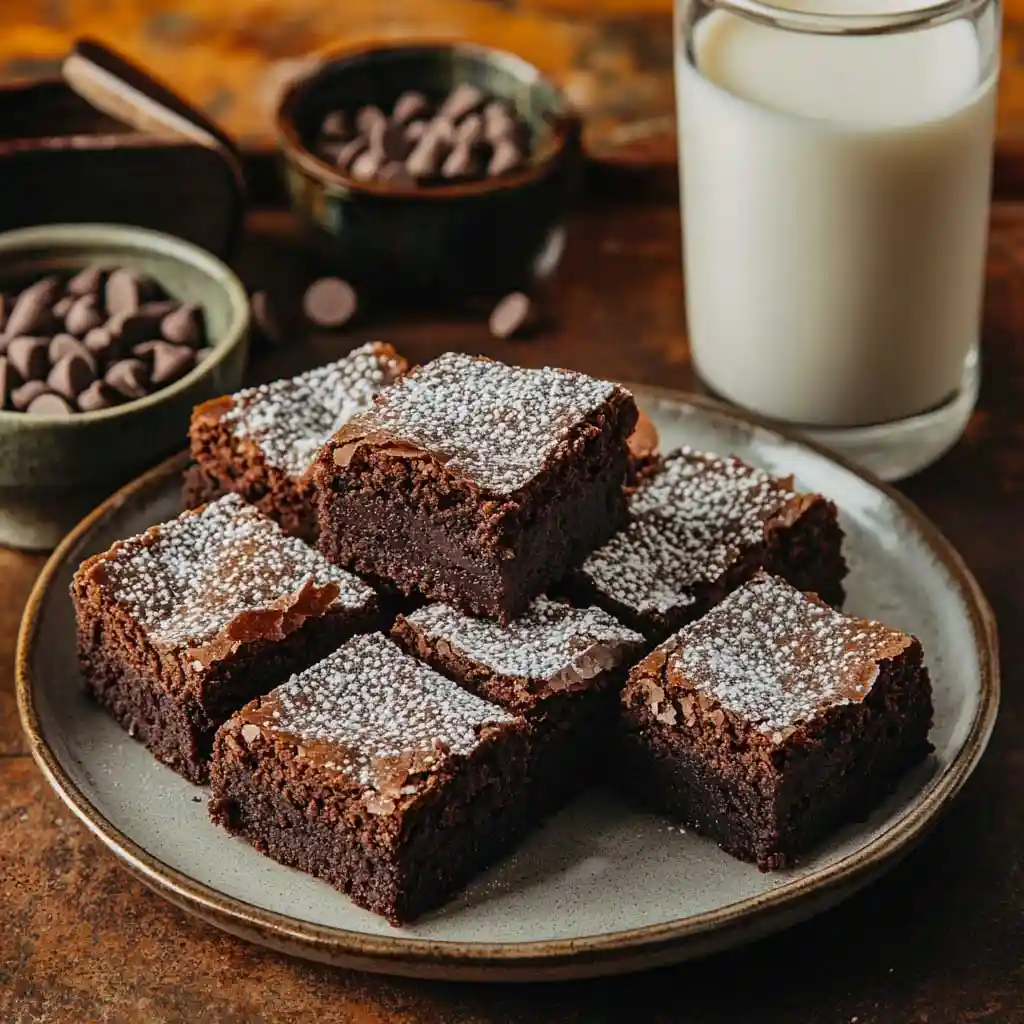 A stack of sourdough discard brownies on a wooden cutting board, with a bite revealing the fudgy interior.