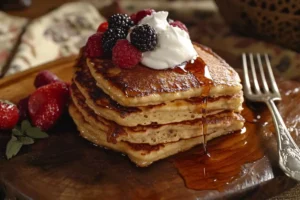 Olivia Wells – Founder & Editor 12 Stack of sourdough pancakes topped with fresh berries, whipped cream, and maple syrup.