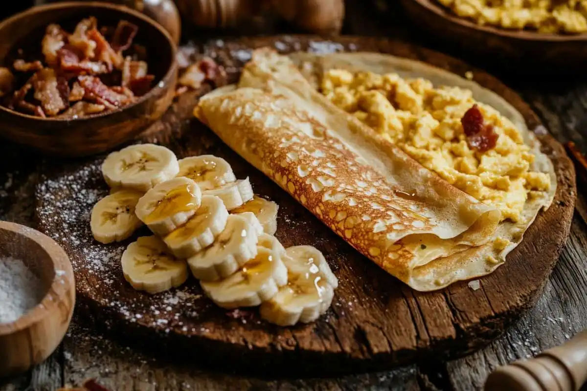 Sweet-Savory-Crepe-Fillings-Duo Sweet and savory sourdough discard crepes with Nutella, bananas, bacon, and eggs.