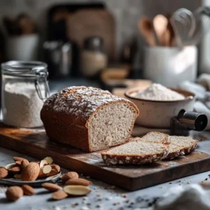 This image provides a holistic view of the keto sourdough bread-making process. A freshly baked loaf with an airy crumb and golden crust is displayed on a rustic cutting board. Surrounding it are bowls of almond flour, coconut flour, psyllium husk, and a jar of sourdough starter. The scene is set in a cozy kitchen with baking tools and natural light streaming in, creating a warm and inviting atmosphere. This illustration perfectly complements the article's step-by-step guide to making keto bread.