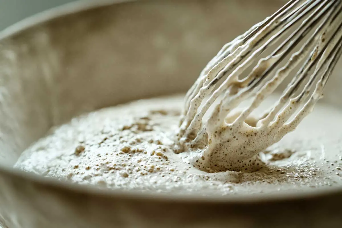 Whisking sourdough pancake batter in a mixing bowl.