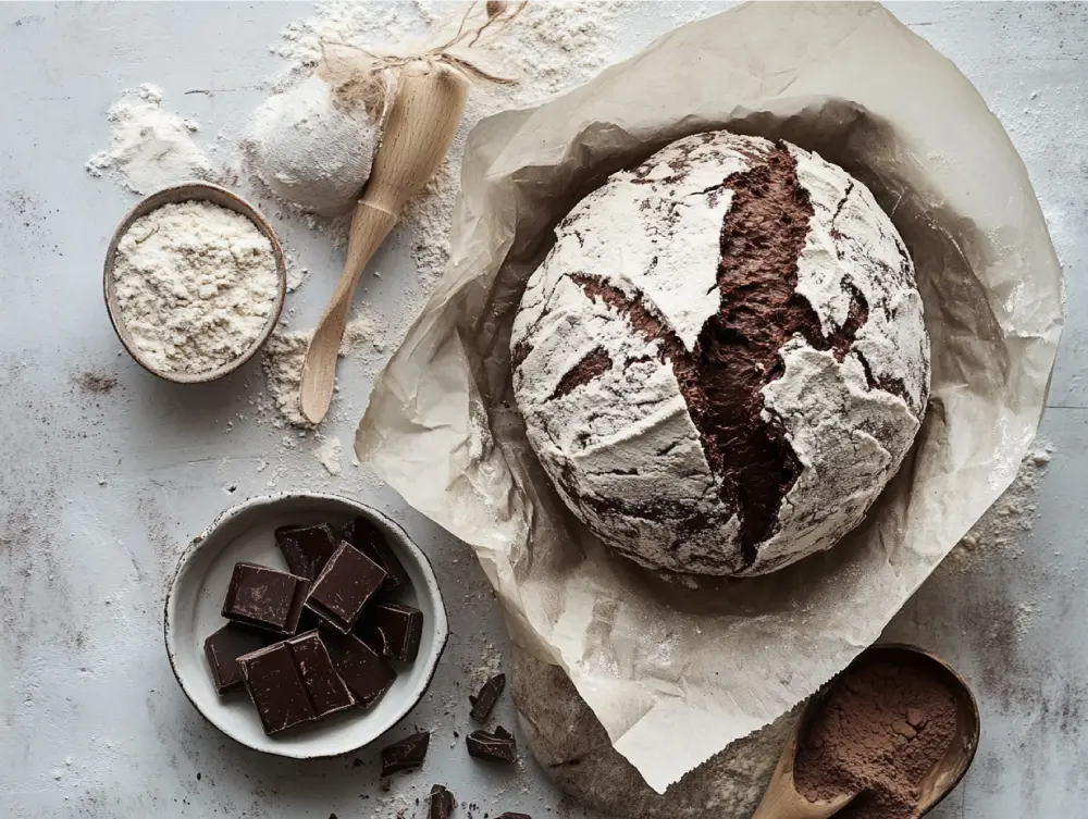 Rustic artisan chocolate sourdough bread with a cracked crust, surrounded by baking ingredients including flour, cocoa powder, and dark chocolate pieces on a textured surface.