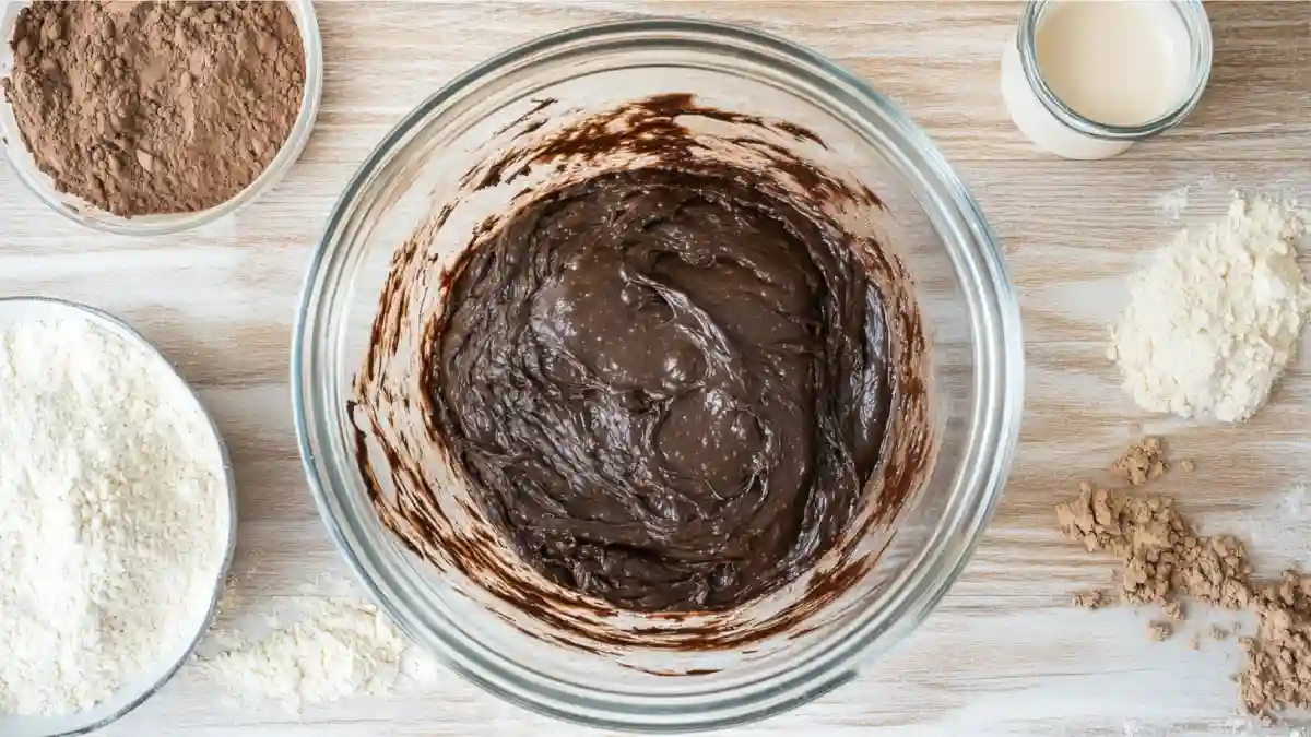 Chocolate sourdough dough in a glass bowl surrounded by cocoa powder, flour, and water on a wooden surface.