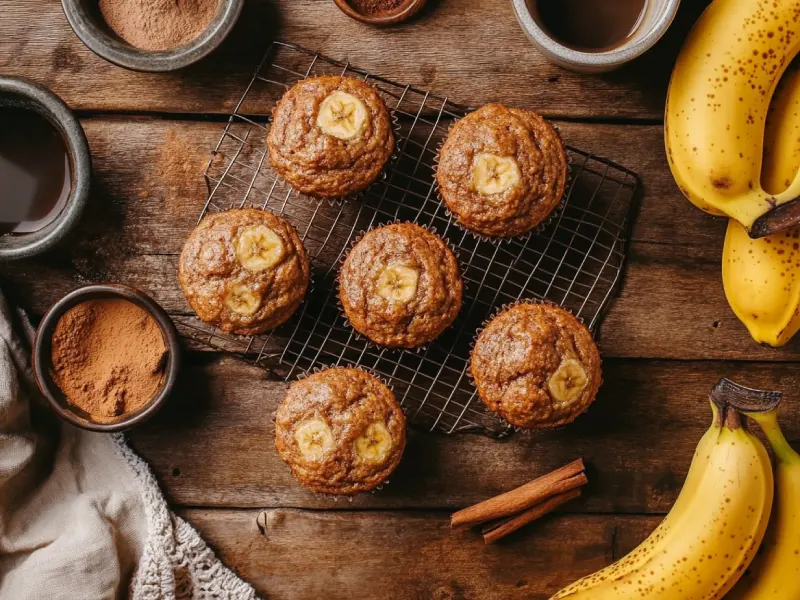 Freshly baked sourdough banana muffins on a cooling rack surrounded by ingredients.