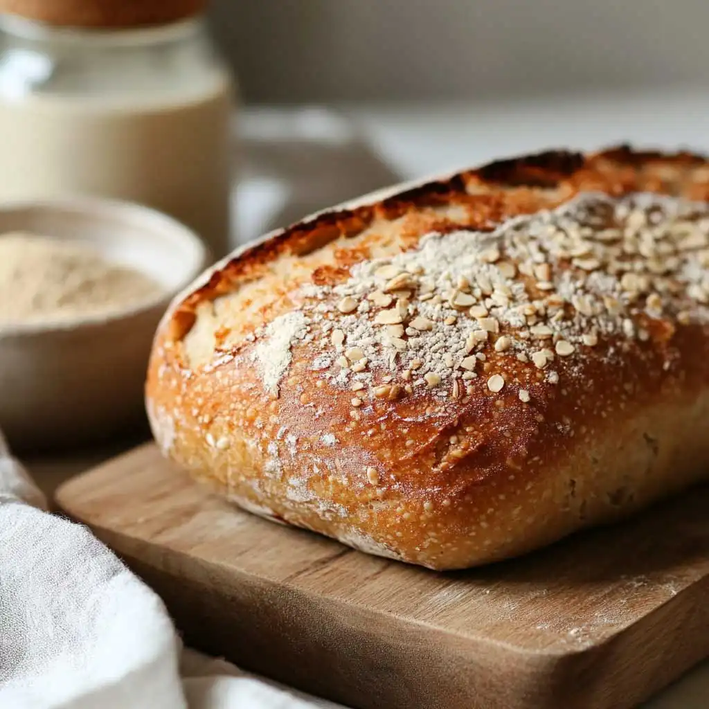 Freshly baked keto sourdough bread with almond flour and starter.