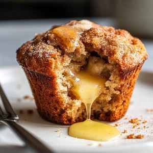 A split-open sourdough banana muffin showing its moist crumb