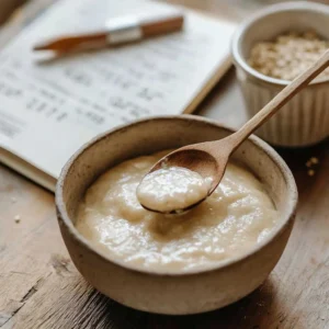Home 13 A spoonful of sourdough starter being added to a mixing bowl with dry yeast and a notebook with conversion ratios in the background.