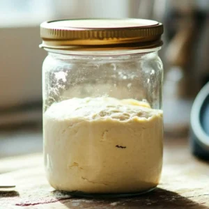 A glass jar with freshly placed sourdough dough sample marked for tracking fermentation.
