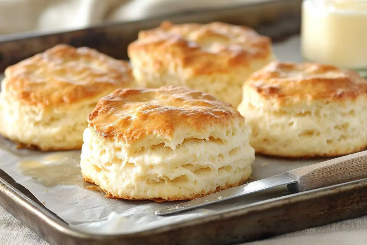 Freshly baked golden-brown sourdough biscuits on a baking sheet, surrounded by a linen napkin and a jar of butter.