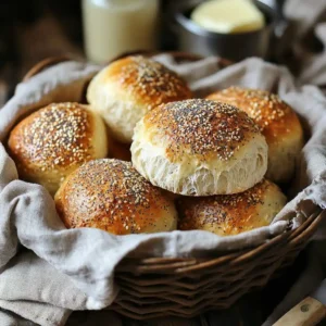 A basket of freshly baked sourdough sandwich rolls wrapped in a linen cloth on a wooden table.
