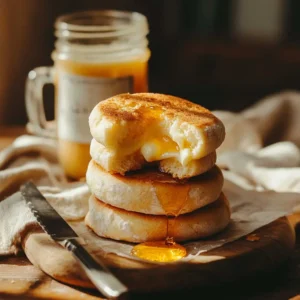 Home 4 A stack of golden sourdough English muffins on a breakfast table, with one split open and topped with butter and honey.
