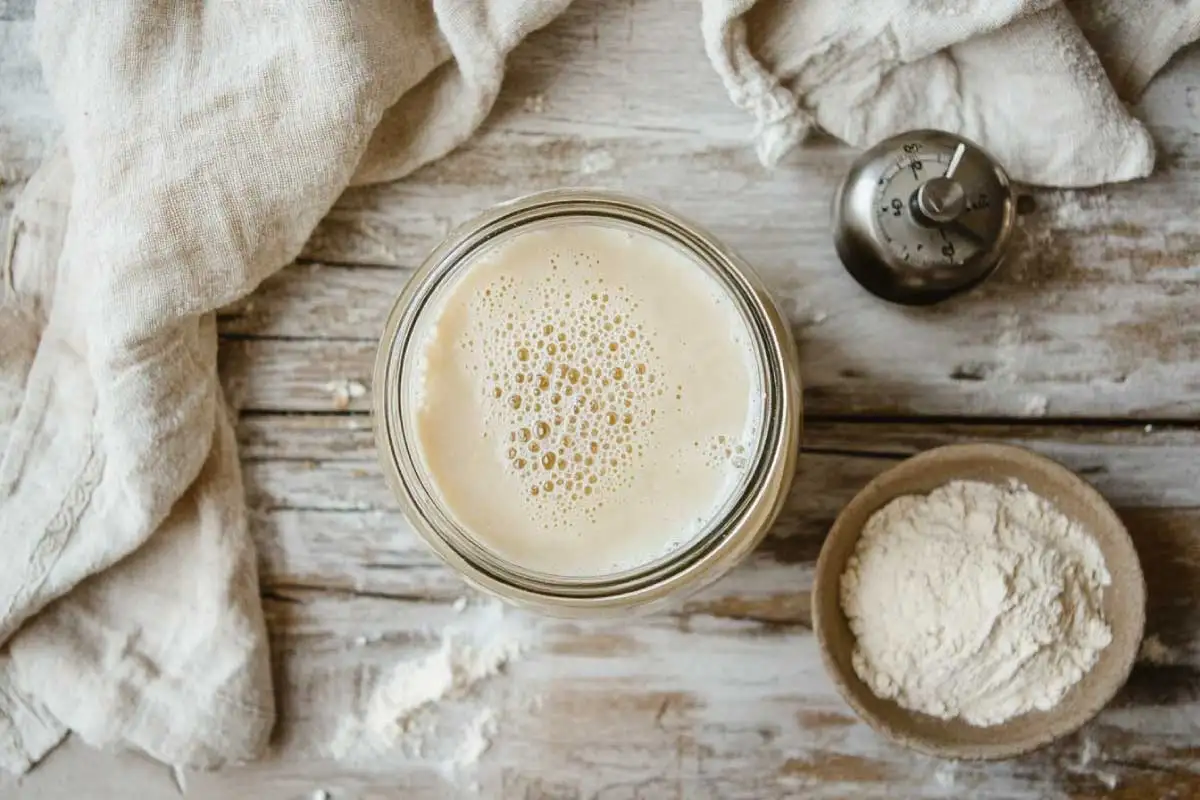 A bubbling sourdough starter in a glass jar with dry yeast and a kitchen scale nearby.