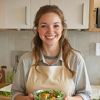 A smiling chef in an apron holding a bowl of fresh salad, showcasing vibrant ingredients in a cozy kitchen, perfect for a sourdough lover’s website.