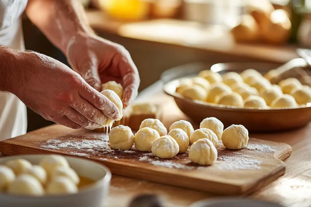 Coating-Dough-Balls-Cinnamon-Sugar Baker coating sourdough dough balls in melted butter and cinnamon sugar.