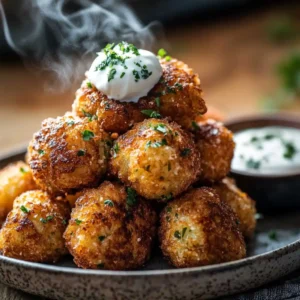 Home 25 Freshly fried sourdough discard fritters stacked on a plate with sour cream and herbs.