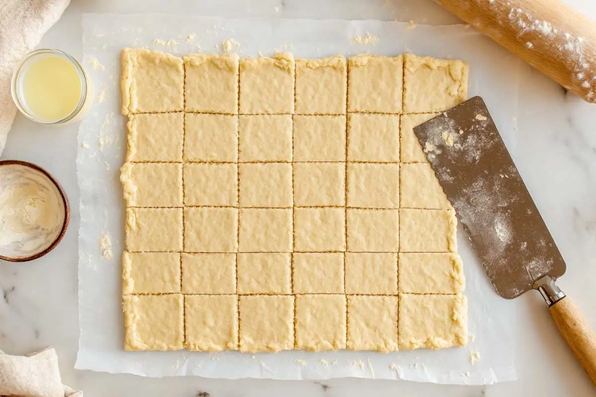 Cutting-and-Shaping-Sourdough-Graham-Cracker-Dough Rolled-out sourdough graham cracker dough being cut into rectangles and perforated with a fork.