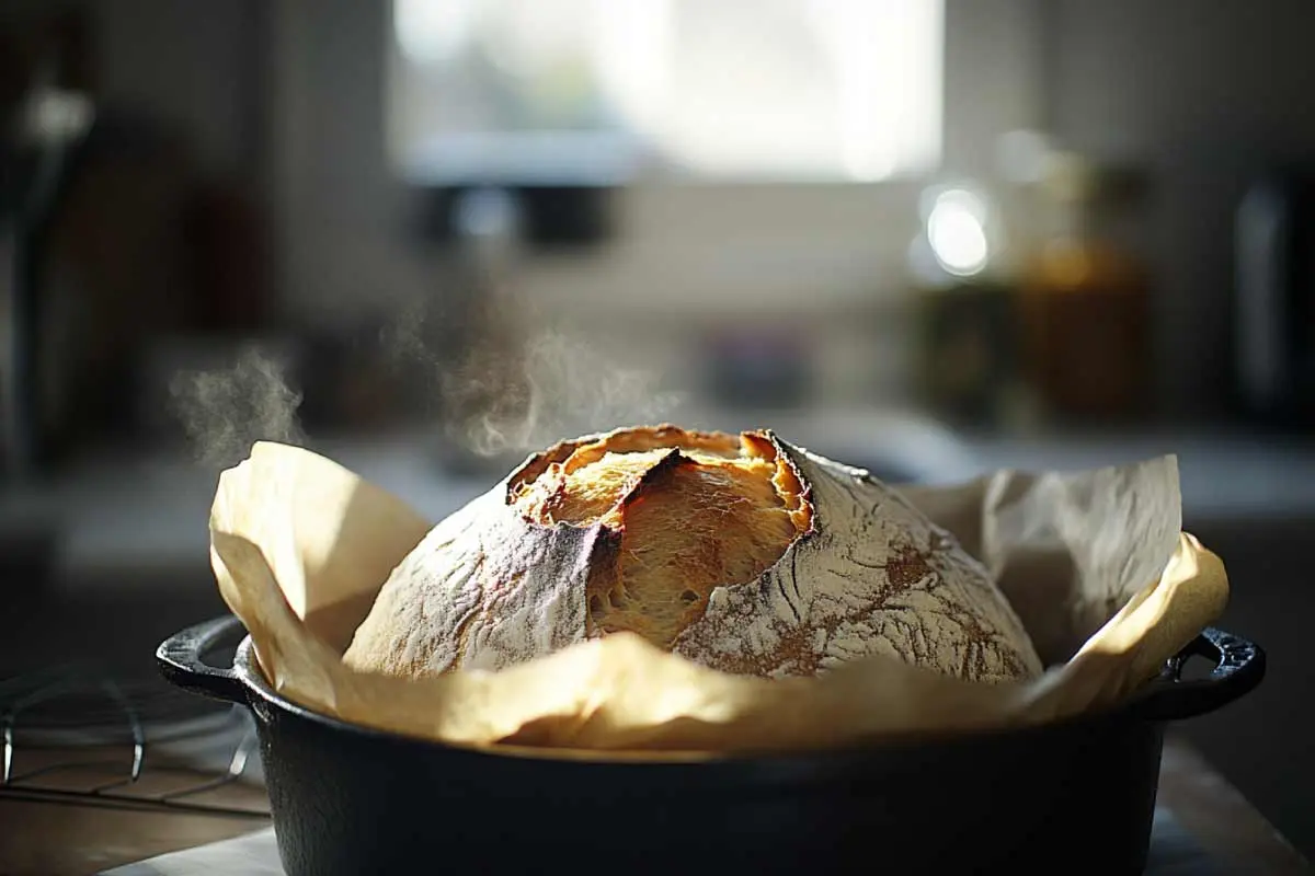 A freshly baked sourdough einkorn loaf cooling in a Dutch oven with steam rising.