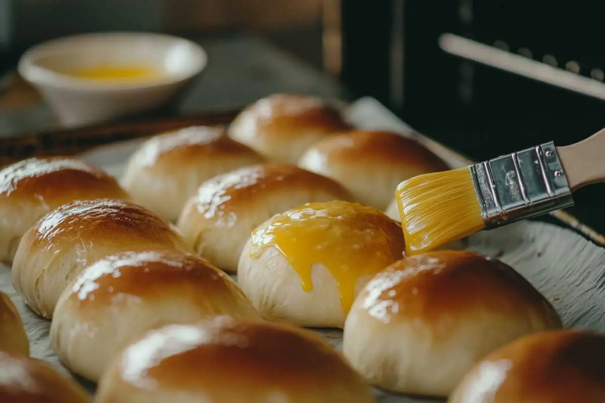 Egg-Wash-Brioche-Buns - C A pastry brush applying egg wash to risen sourdough brioche buns on a baking sheet.