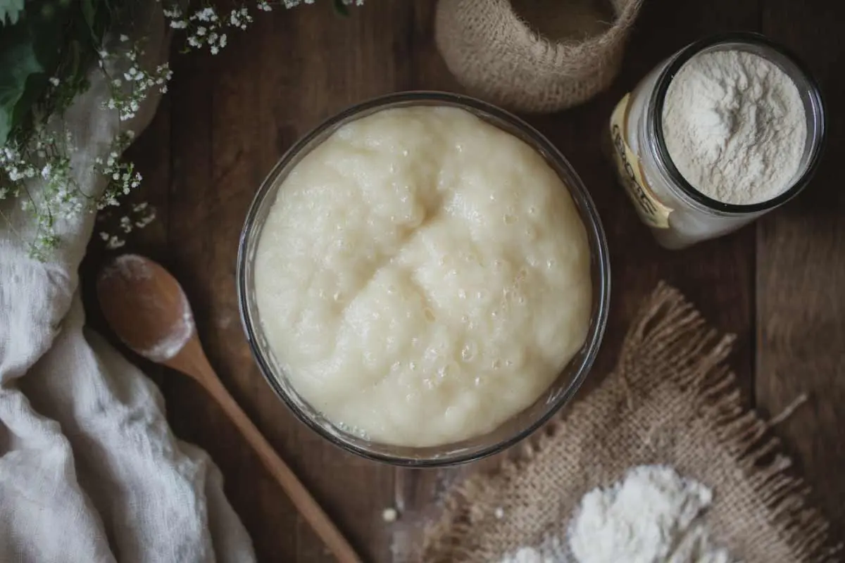 Fermented-Sourdough-Dough-Preparation-Step Fermented sourdough donut dough in a glass bowl with visible bubbles.